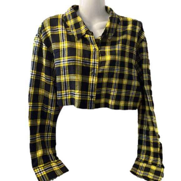 H&m Divided Ylw Plaid LS Short Crop Top (S) - Picture 1 of 8